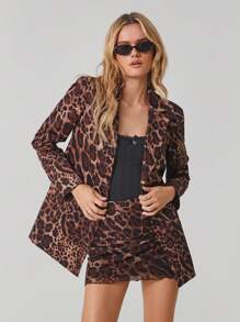 Easelle 女式豹纹长袖衬衫和裙子套装 - 棕色 - 查看 6