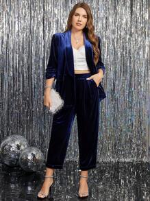 Gownix 秋冬大码天鹅绒翻领开襟西装外套和裤子套装 - 藍色 - 查看 3