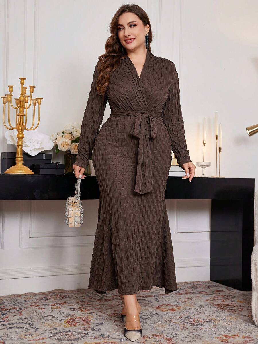 Modelyn Plus Size Solid Color Long Sleeve Simple Elegant Casual Dress, Elegant Fitted Maxi Long Dresses, For Evening Party/Wedding Guest/Anniversary Long Evening Dresses