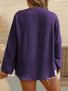 EMERY ROSE 大码女式纯色简约休闲长袖衬衫 - 紫色 - 查看 2