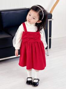SHEIN 2 pièces Ensemble intérieur de robe salopette rouge avec décoration de nœud et manches lanternes pour bébés filles en automne et hiver, chaud - Nude - Voir 6