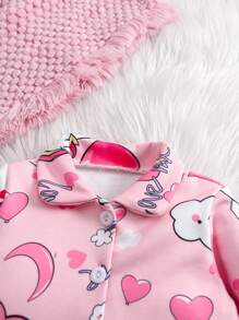 Bộ đồ ngủ vải nỉ in hình trái tim kỳ lân cho bé gái 2 món, áo sơ mi dài tay và quần dài, đồ ngủ mùa đông ấm áp - Hồng - Xem 5