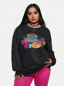 Simona Ahued Artist Day Of The Dead Plus Size Loose Fit Crewneck Sweatshirt, For Holiday, Vacation, Spring, Festival, For Workout, Ibiza Fits, Western Wear