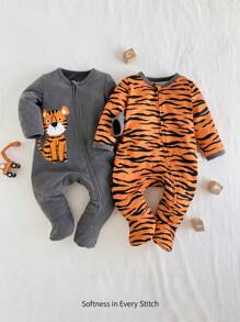 Cozy Pixies 2pcs Newborn Baby Boy Cartoon Tiger Print Knitted Soft Round Collar Long Sleeve Footie Jumpsuit Set Graphic - Grey - View 1