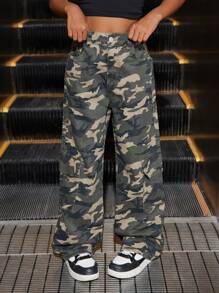 SHEIN Explorewe 少女Y2K休闲翻盖口袋迷彩牛仔裤，返校季 - 軍綠色 - 查看 7