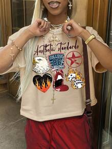 INAWLY Letter & Cartoon Graphic Round Neck Short Sleeve Tee - Apricot - View 1