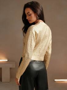 Anewsta Women's Solid Color Spray Coated Crew Neck Long Sleeve Minimalist Sweater For Casual Wear For New Year Holiday Party Clothes Knit Pullover Fall Winter Outfit - Gold - View 9