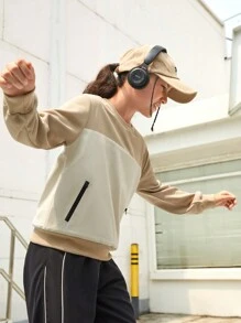 SHEIN Tween Girls Outdoor Sports Hiking Camping Picnic Boating Mountaineering Gray Patchwork Zipper Pocket Warm Comfortable Casual Pullover Sweatshirt For Fall Winter