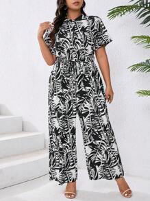 Breezaya Plus Size Women's Tropical Plant Print Short Sleeve Casual Loose Jumpsuit