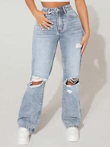SHEIN PETITE High-Waisted Ripped Loose Y2K Autumn And Winter Warm Jeans Thermal Denim
