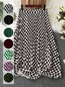 DreamSkyne Plus Checkerboard Print Pleated Skirt - Black and White - View 1