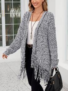 EMERY ROSE Woman Long Sleeve Floral Cardigan With Fringe Hem - Black and White - View 6