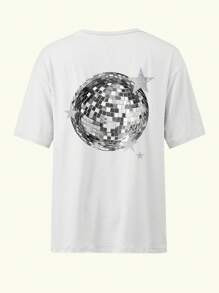 INAWLY Disco Ball Star Pattern Vintage Crew Neck Casual Loose Fit Short Sleeve T-Shirt Graphic Tees Women Tops
