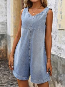 SHEIN LUNE Women's Solid Color V-Neck Sleeveless Denim Jumpsuit, Summer - Blue - View 6