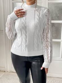 SHEIN Essnce Suéter de encaje y parche para mujer talla grande, suéter de lana como base, suéteres de mujer para otoño, ropa de mujer para otoño, ropa de mujer con mangas largas para otoño, blusas de mujer para otoño, suéteres de cuello alto blancos para otoño e invierno