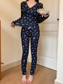 DAZY Spitzen-Patchwork-Muschel-Besatz, Blumen-Allover-Muster Top und Hose Lässig Schlafanzug Set, Herbstkleidung Pyjama