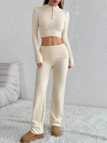 Flirla 2pcs/Set Slim Fit Half-Zip Casual Sweater & Knit Shorts , 2 Pieces , Beige Outfit Women Fall Cloth For Women