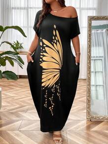 SHEIN LUNE Plus Butterfly Print Hidden Pocket Batwing Sleeve Dress Maxi Women Outfit - Black - View 4