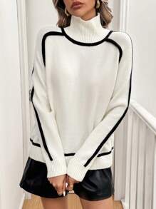 Calvaya Jersey holgado de cuello alto blanco, estilo francés de manga larga tipo campus, otoño/invierno