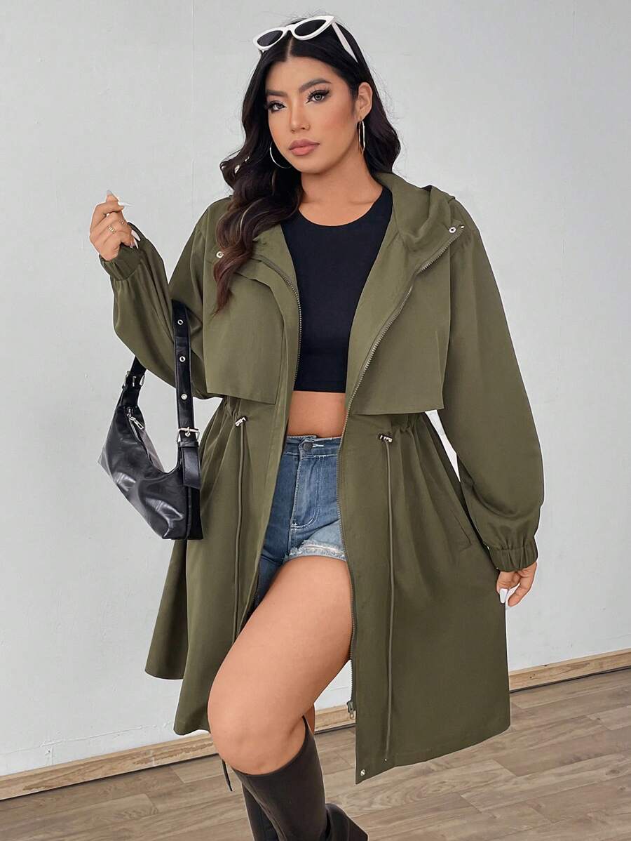 Flirla Áo khoác dài tay đơn giản màu trơn cỡ lớn cho nữ - xanh quân đội - Xem 1