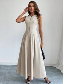 Firerie Vestido de mujer elegante con cuello redondo, sin mangas, con cremallera delantera y vuelo