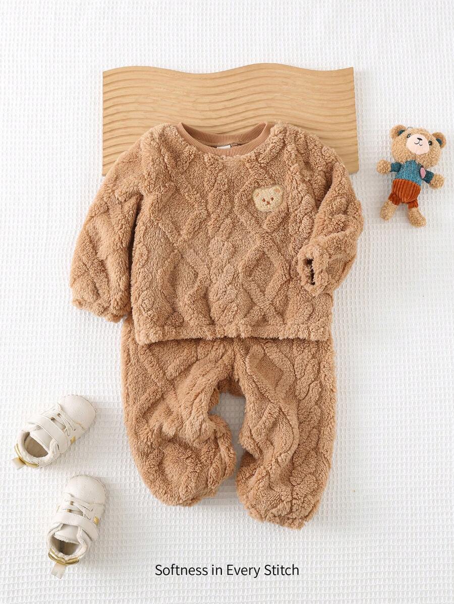Cozy Pixies 2pcs Baby Boy Double-Sided Fleece Diamond Jacquard Crew Neck Pullover Sweatshirt & Elastic Cuff Pants Set - Brown - View 1