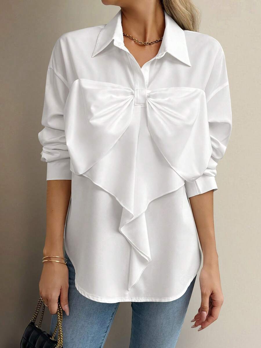Chiquease 女士纯色衬衫领前纽扣长袖蝴蝶结装饰休闲衬衫
