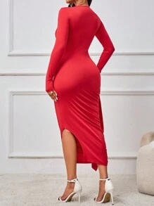 VaVaBold Vestido ceñido elegante de un solo color con dobladillo fruncido y volantes, primavera y otoño