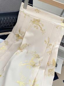 SHEIN Unity Plus Size Elegant Gold Foil Printed Pleated Skirt, Spring/Summer - Apricot - View 8