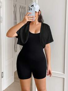 SHEIN EZwear 大码女式短袖白色开衫 - 黑色 - 查看 5