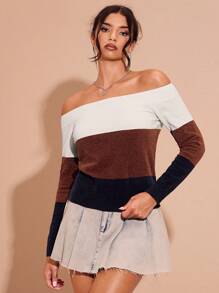Glamine Off Shoulder Color Block Loose Knitted Sweater For Women, Fall Winter - Multicolor - View 3