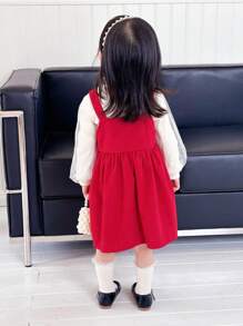 SHEIN 2 pièces Ensemble intérieur de robe salopette rouge avec décoration de nœud et manches lanternes pour bébés filles en automne et hiver, chaud - Nude - Voir 2