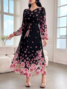 Modelyn 优雅花卉印花灯笼袖连衣裙，春/秋