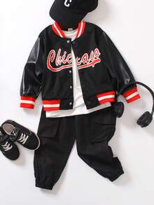 Áo khoác bóng chày giả da in chữ, kẻ sọc phong cách đường phố Mỹ thời trang cho bé trai kết hợp với quần chạy bộ màu đen, phù hợp cho mùa thu đông - màu đen - Xem 3