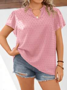 SHEIN LUNE Plus Swiss Dot Notched Neck Blouse - Coral Pink - View 3