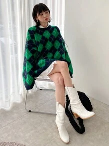 DAZY Women's Casual Loose Diamond Pattern Drop Shoulder Knit Sweater, Spring/Fall - Green - View 9