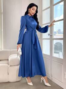 Mulvari Damen Kleid mit Hemdkragen, durchgehender Knopfleiste, Langarm, Lässig-Stil Einfarbig - Taubenblau - Übersicht 8