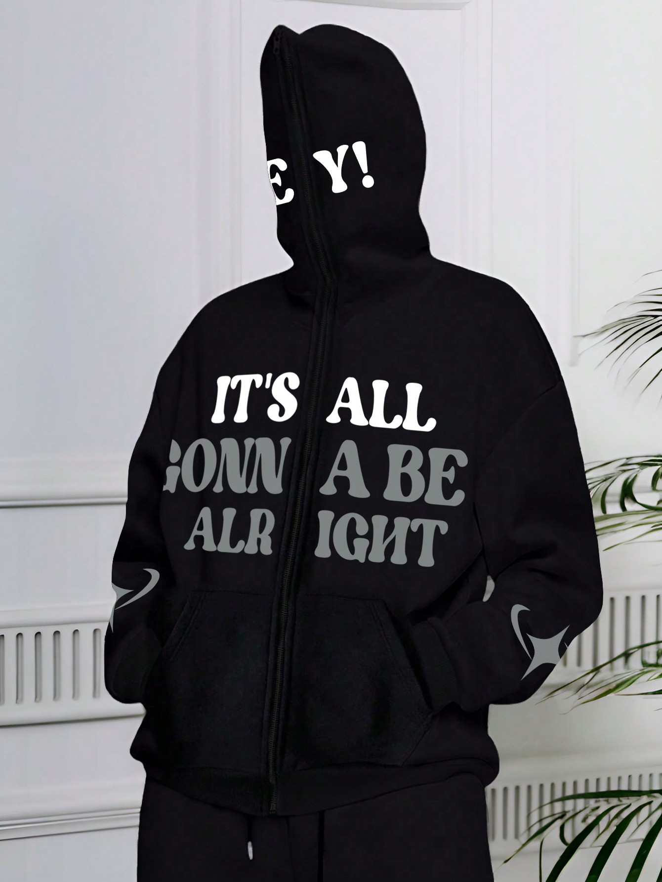 Manfinity Dauomo Men's Slogan Print Zip-Up Hooded Casual Sweatshirt