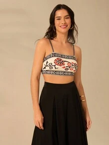 CAJUNI 女士波西米亚风印花、热带杜鹃印花、露背米色短款背心、夏季休闲、海滩度假背心 - 彩色 - 查看 1