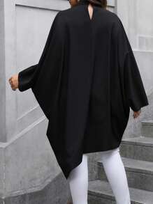 Flirla Blusa de manga larga informal con bajo asimétrico de unicolor para mujeres talla grande - Negro - Ver 2