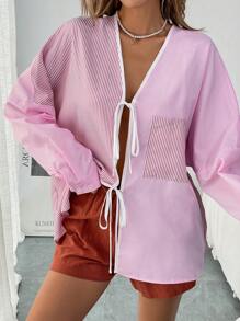 SHEIN LUNE Women Striped Print Tie Up Long Sleeve Shirt - Pink - View 5