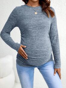 SHEIN Maternity Casual Ruched Slim Fit Long Sleeve T-Shirt, Spring & Autumn - Dusty Blue - View 4