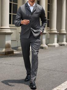 Manfinity Mode Men's Striped Jacket And Trousers Suit Set - Dark Grey - View 4