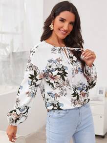 SHEIN Clasi Top botánico de manga farol de cuello con cordón - Blanco - Ver 5