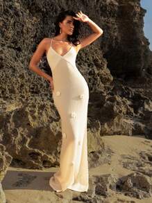 Opulessa White Dresses For Women Women Solid Color Knit Plunge Neck Elegant Backless Dress With Tailored Flowers, Suitable For Holiday, Street Wear And Date Sexy Party Prom Semi Formal Dress Dinner Outfit Fall Winter Clothing - Apricot - View 2