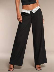 SHEIN BAE Women's Black Solid Color Waist Fold Lace Contrast Wide Leg Loose Elegant Casual Pants