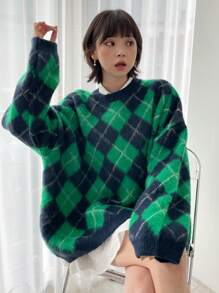 DAZY Women's Casual Loose Diamond Pattern Drop Shoulder Knit Sweater, Spring/Fall - Green - View 10