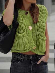 INAWLY Women's Solid Color Dual-Pocket Knit Vest, Casual For Spring/Autumn - Green - View 3