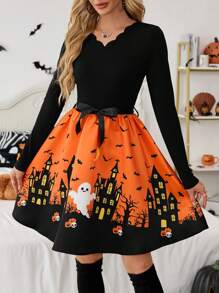 SHEIN Essnce Women's V-Neck Waist-Tie Shell-Trim Halloween Print Long Sleeve Mini Dress  Autumn Cute Cartoon Print Patchwork Waist Long Sleeve Dress For Halloween,Black