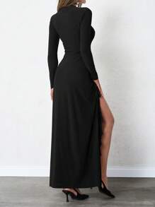 SHEIN Tall Solid Cut Out Front Ruffle Trim Split Thigh Dress - Black - View 2